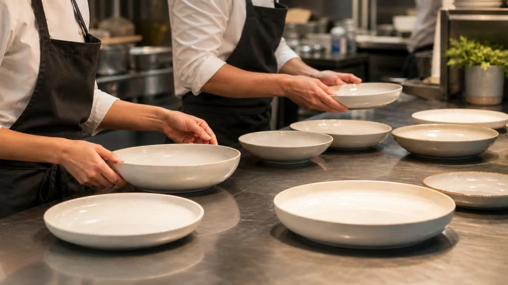 Restaurant team arranging durable ceramic tableware at a busy service pass
