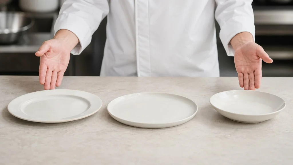 Chef comparing ceramic plate shapes and usable food areas for restaurant menus