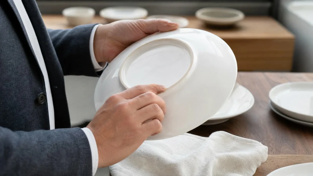 Restaurant buyer inspecting ceramic tableware glaze, rim, and foot before ordering
