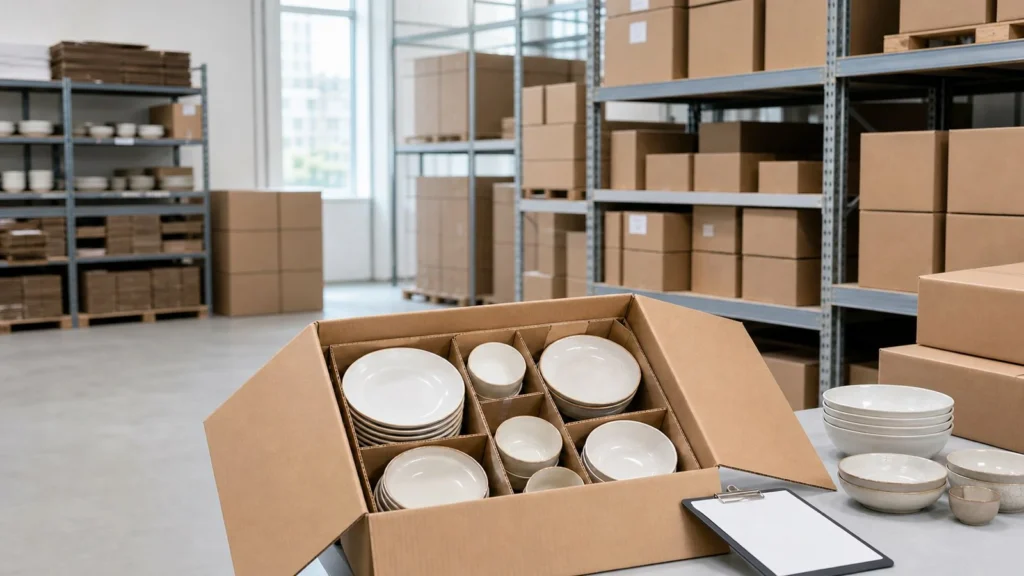 Labeled cartons of ready stock restaurant dinnerware prepared for wholesale review