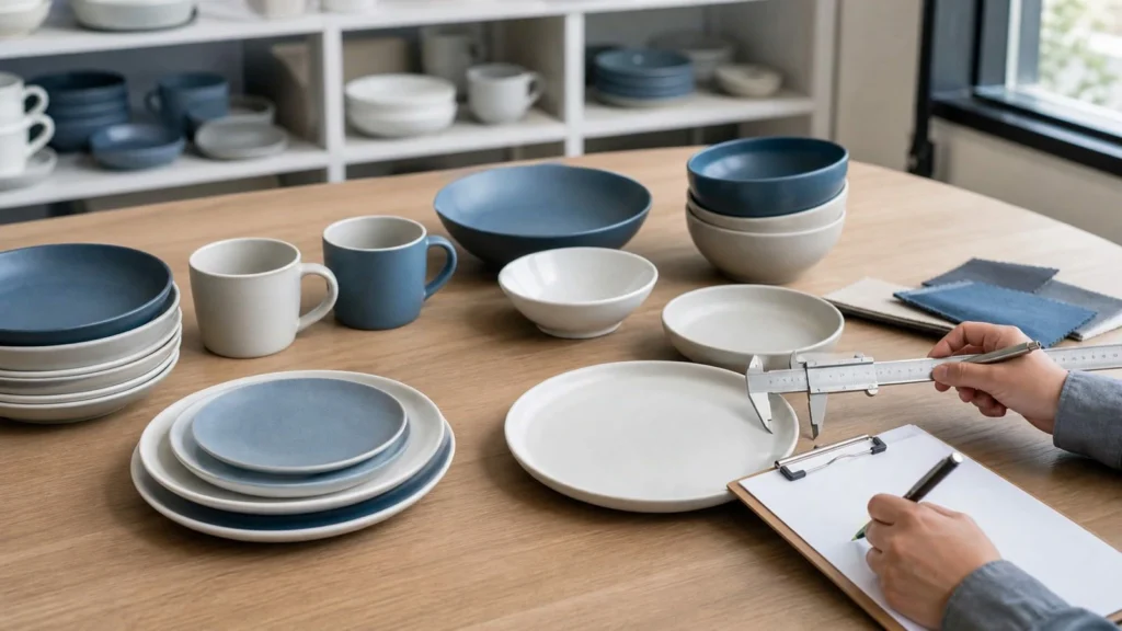 Buyer reviewing dimensions and product mix for wholesale ceramic dinnerware