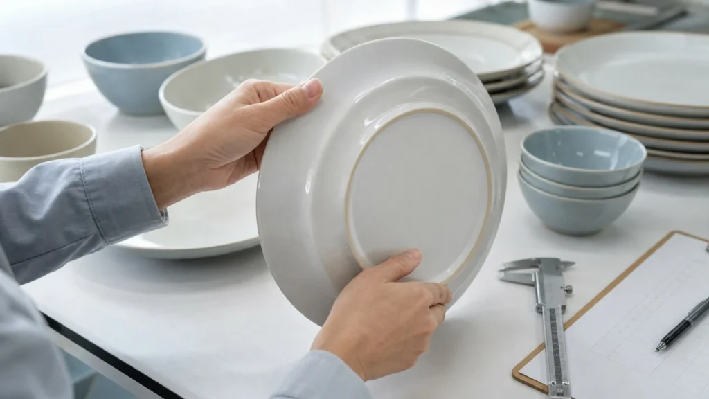 Hands inspecting glaze, rim, and foot finish on ceramic dinnerware samples