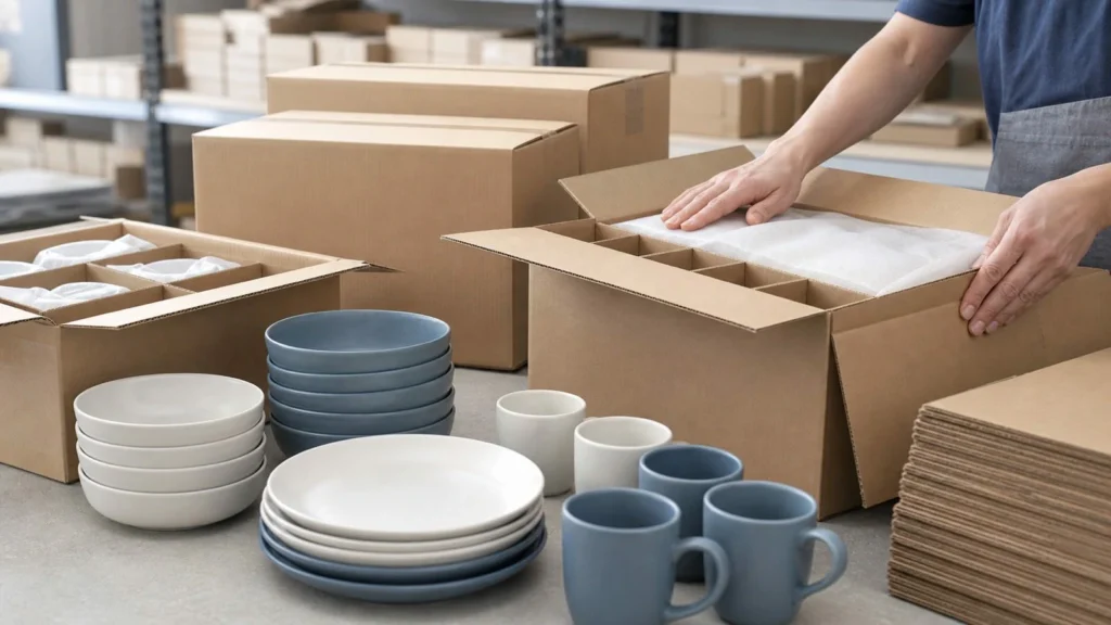 Wholesale ceramic dinnerware cartons and coordinated products prepared for shipment