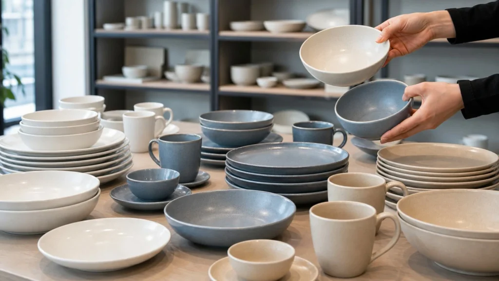 Coordinated ready stock ceramic dinnerware being shortlisted in a showroom