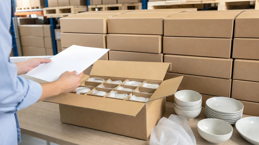 Packed ceramic tableware order undergoing final document and carton check
