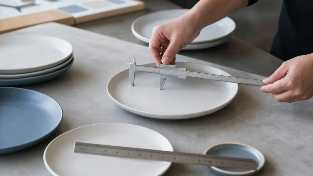 Buyer measuring the diameter and rim profile of stock ceramic plates