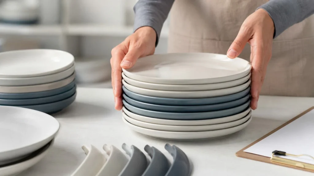 Hands checking the stack alignment and stability of wholesale ceramic plates