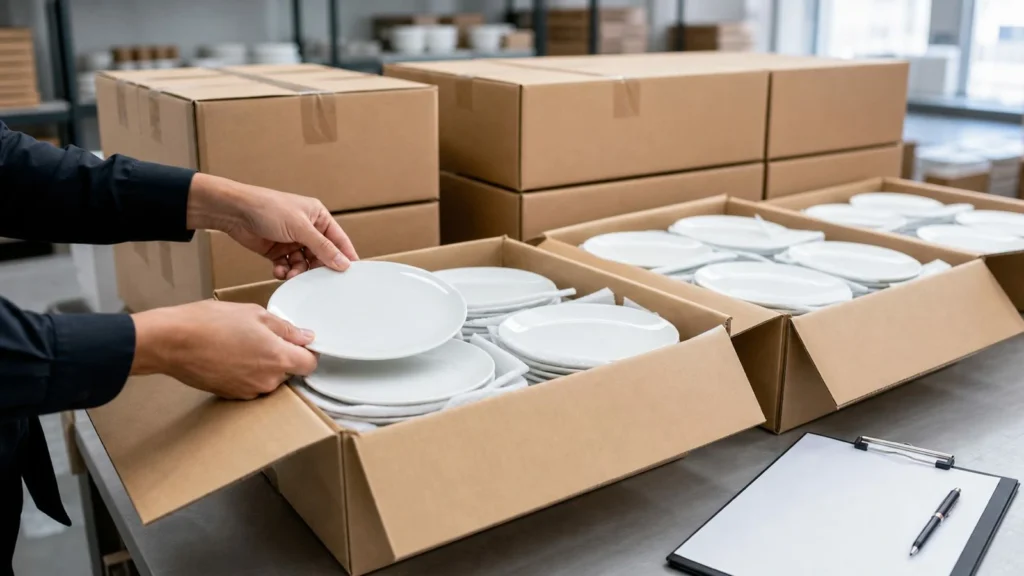 Packed stock ceramic plates undergoing a final carton and document check