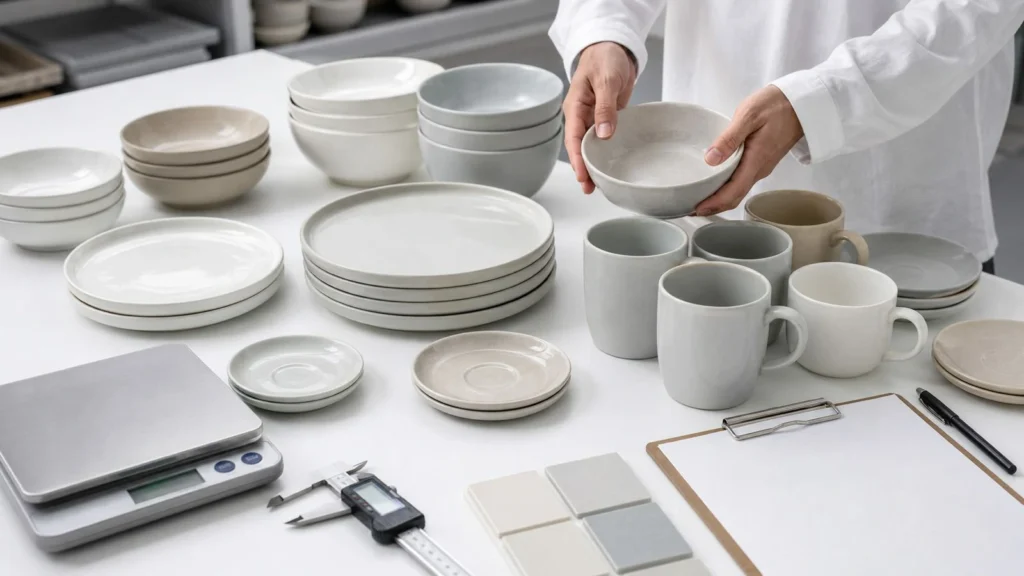 Ceramic tableware samples arranged for a structured quality review
