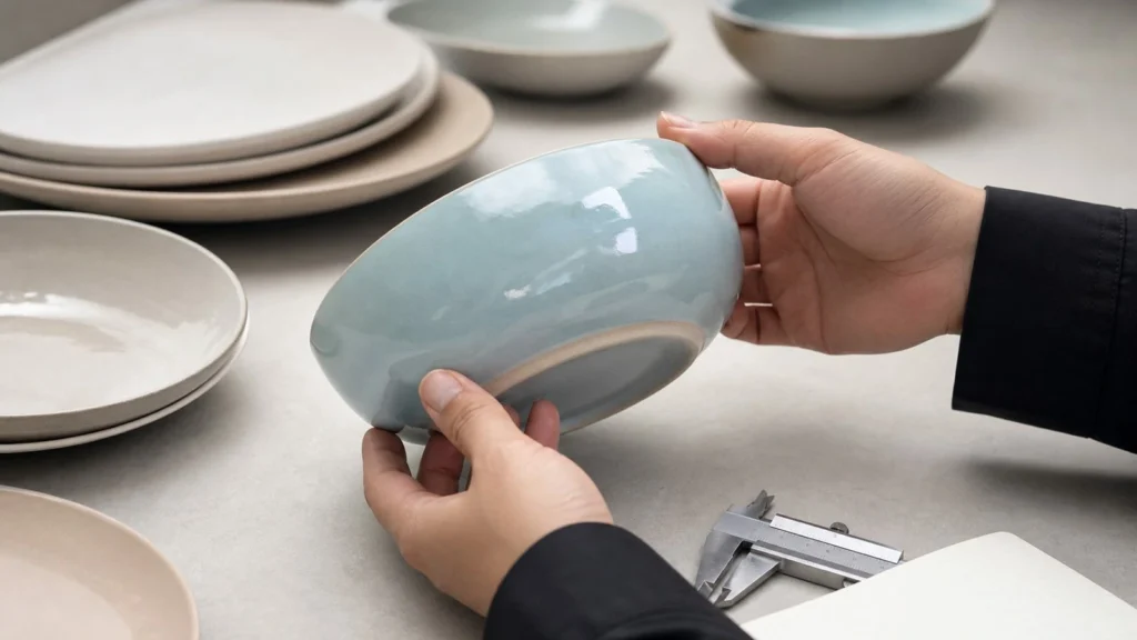 Hands examining glaze coverage and rim finish on ceramic bowls and plates