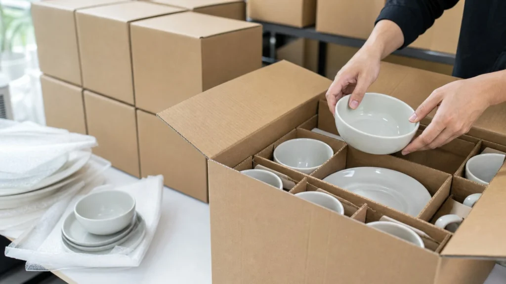 Ceramic dinnerware packing configuration being checked before bulk ordering