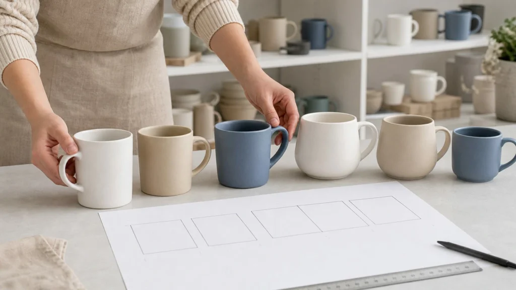 Different wholesale ceramic mug shapes and capacities arranged for comparison