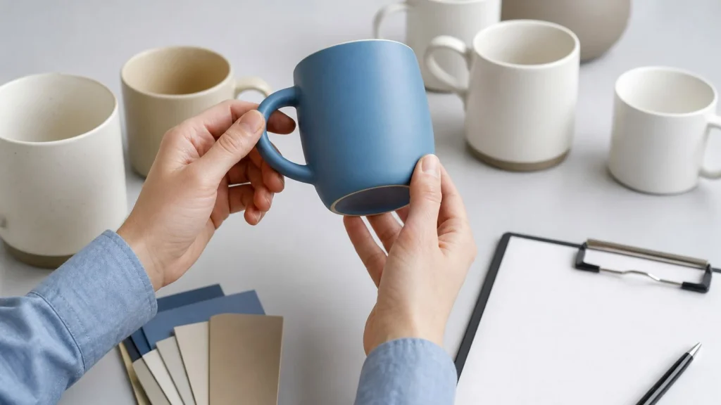 Hands evaluating ceramic mug handle comfort, rim, and balance