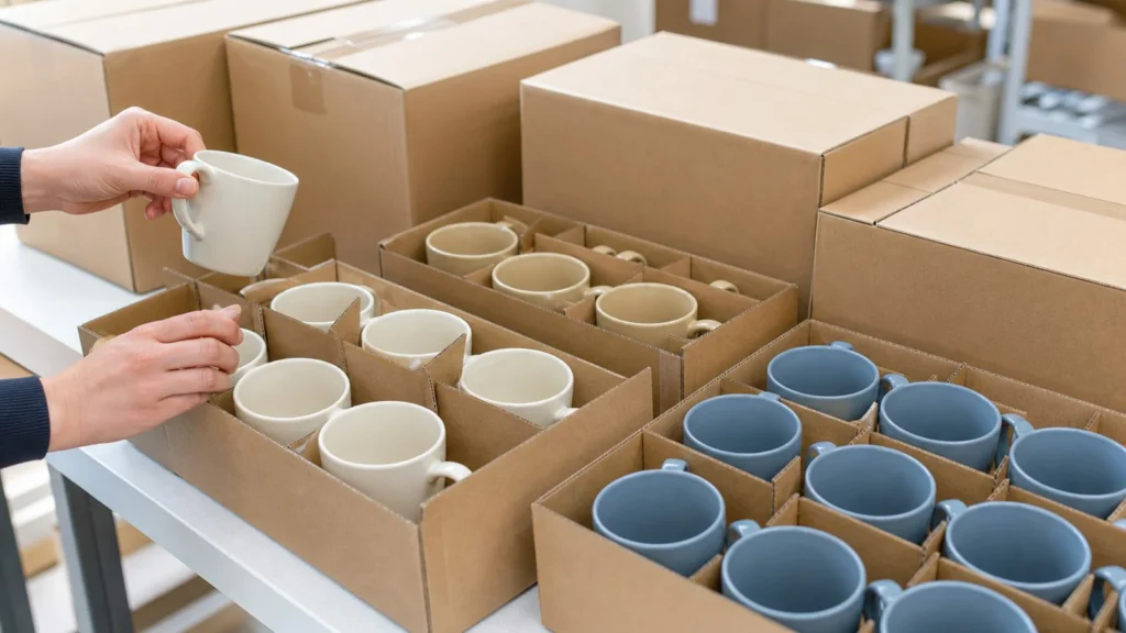Wholesale ceramic mugs packed with protective dividers for shipment