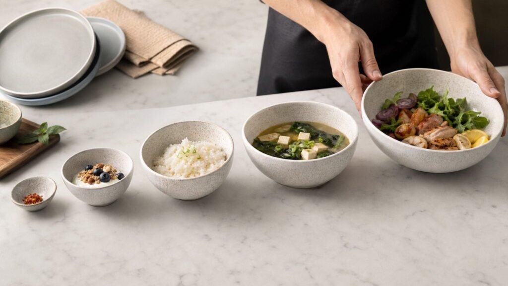 restaurant ceramic bowls arranged by size for different menu applications