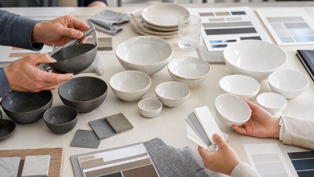 hospitality buyer comparing porcelain stoneware and New Bone China bowls