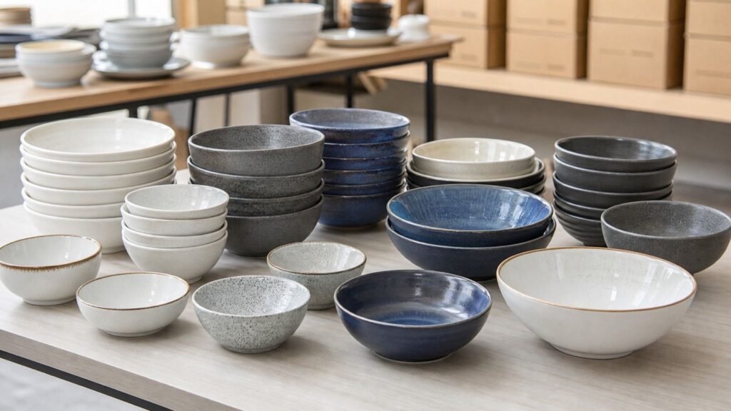 wholesale ceramic bowl assortment organized for hotel and restaurant service