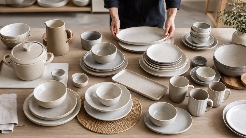 importer reviewing a coordinated wholesale ceramic tableware range