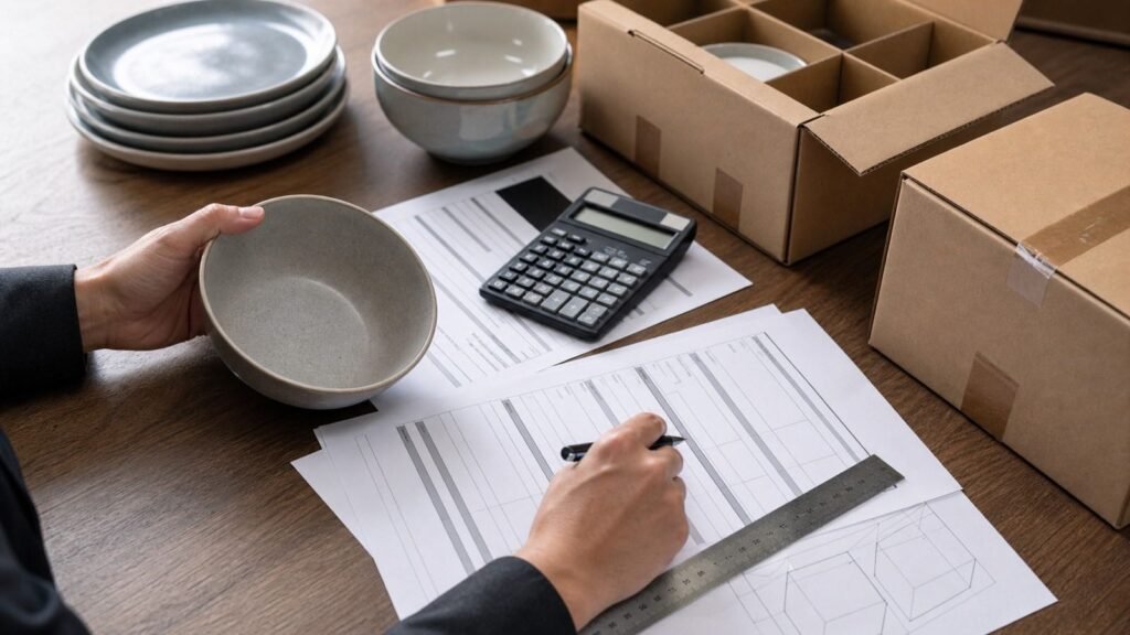 buyer comparing itemized ceramic tableware quotations and carton data
