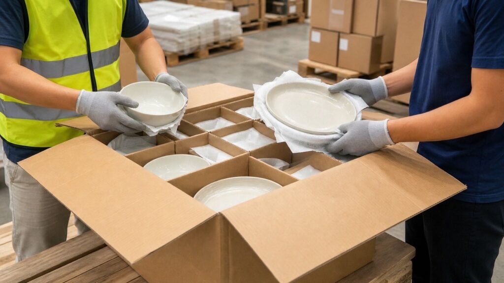 warehouse receiving team checking labeled cartons of ceramic dinnerware