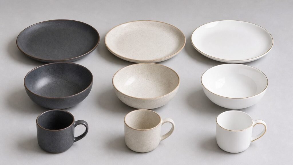 porcelain stoneware and bone china tableware shown side by side