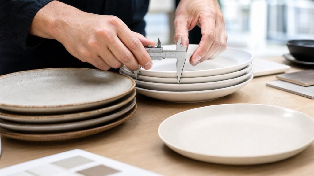 buyer checking ceramic plates for rim profile glaze and stacking