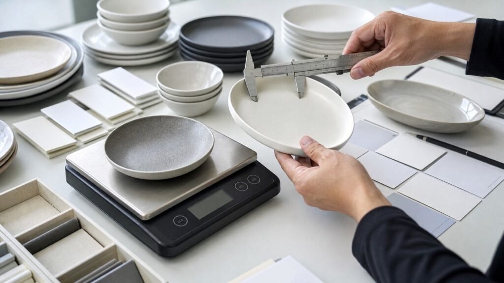 buyer measuring and stacking ceramic tableware samples during evaluation