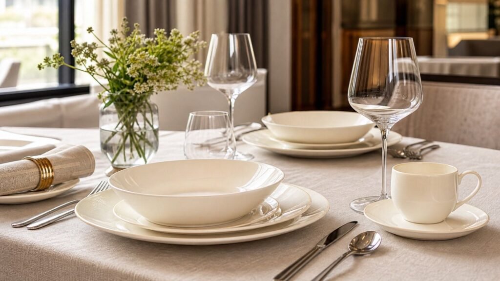 elegant warm white New Bone China dinnerware in a refined table setting