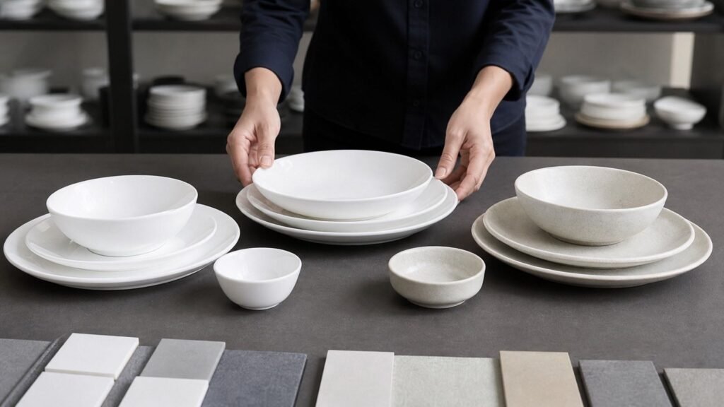 buyer comparing New Bone China porcelain and stoneware tableware samples
