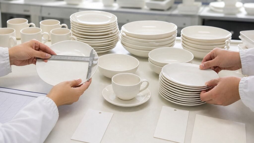 New Bone China samples measured inspected and stacked for wholesale approval