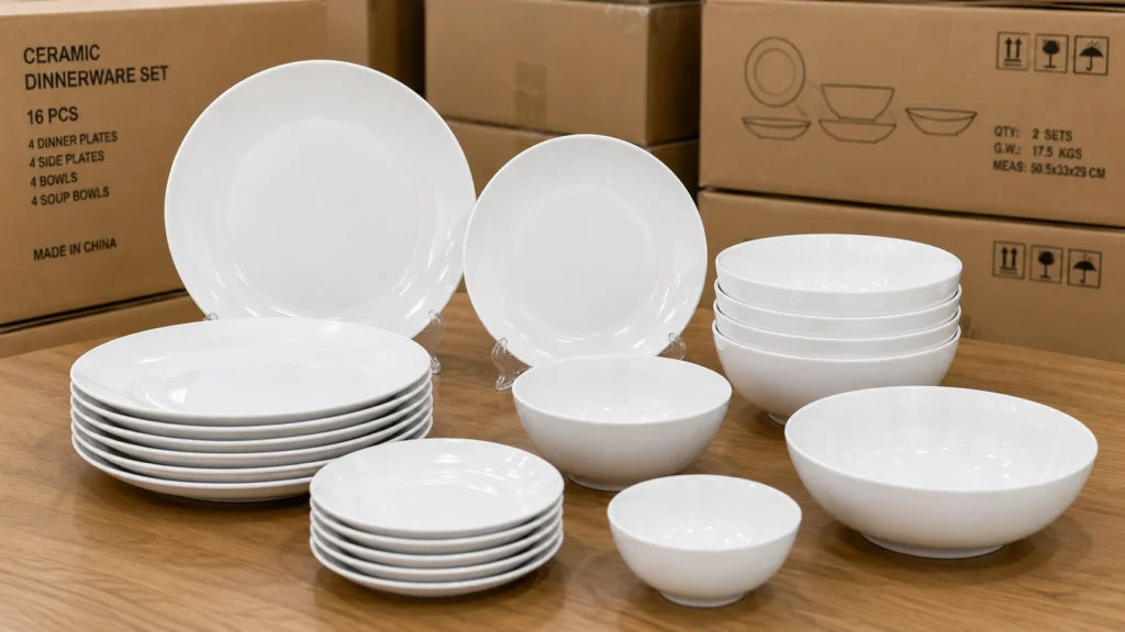 White ceramic dinner plate and bowl set arranged on a wooden table, representing stock ceramic tableware available for wholesale