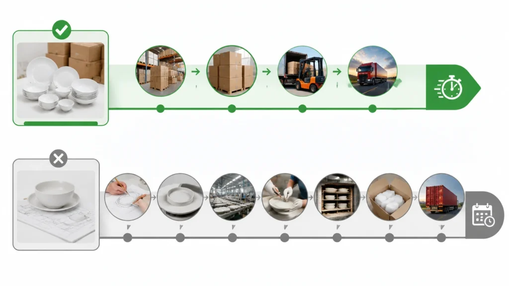 Infographic comparing stock ceramic 7-15 day delivery with custom manufacturing 45-80 day production timeline