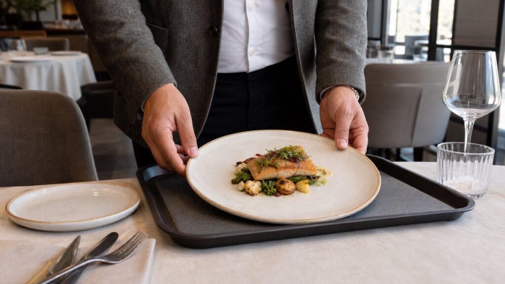 restaurant buyer testing ceramic dinner plate portion tray and table fit