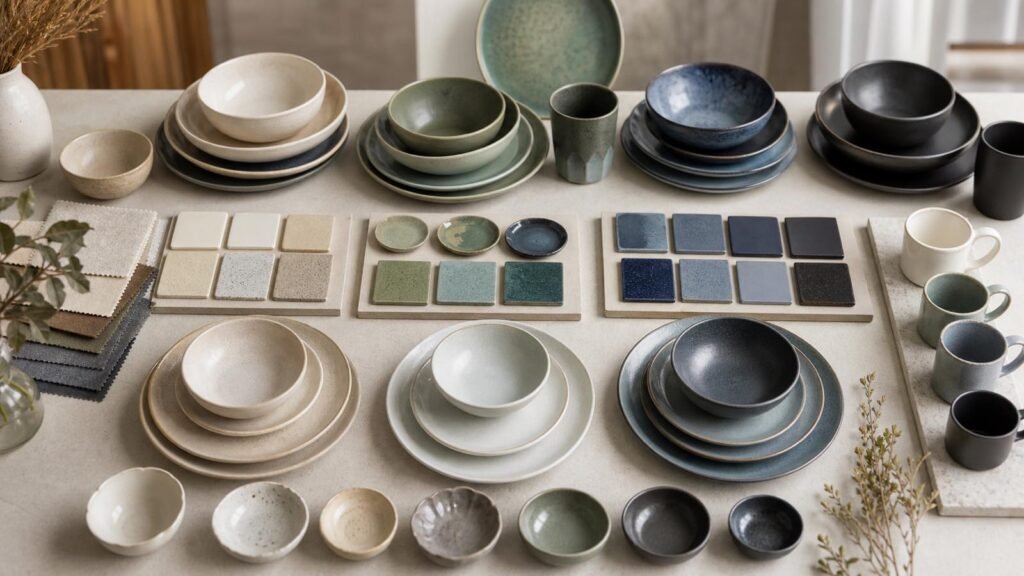 wholesale ceramic dinnerware trend board with colors shapes and coordinated styles