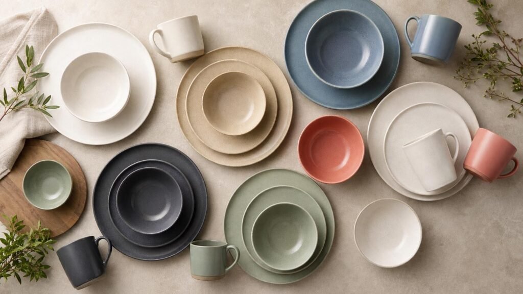 ceramic dinnerware palette in warm neutrals muted blue green and bold accents