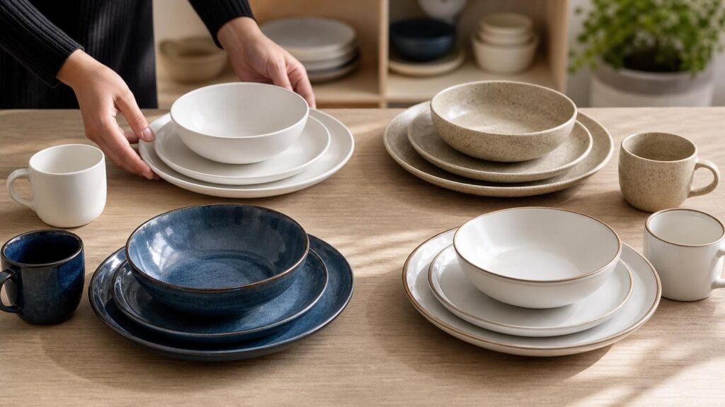 retail buyer arranging minimalist natural expressive and classic ceramic styles