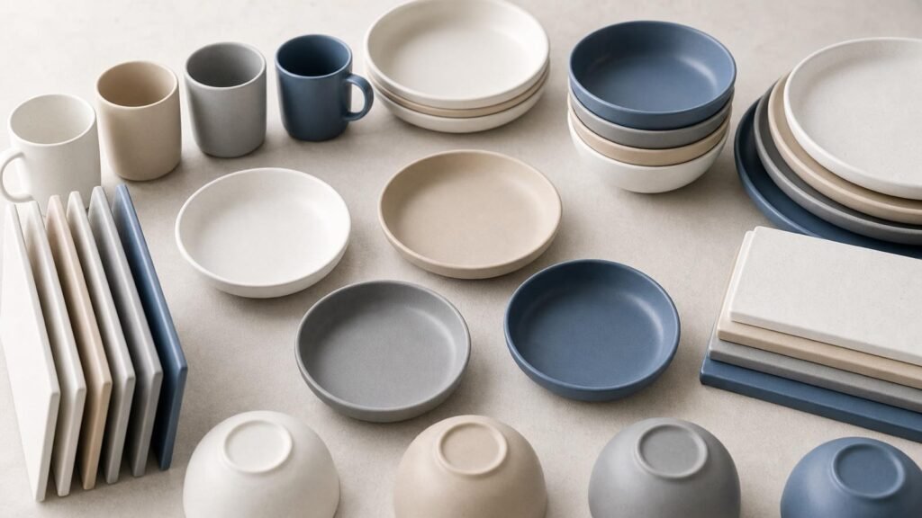 minimalist ceramic tableware samples in white beige gray and muted blue
