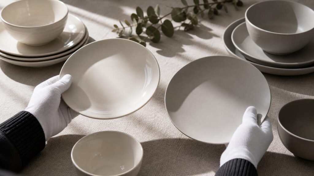 buyer comparing glossy satin and matte minimalist ceramic tableware finishes