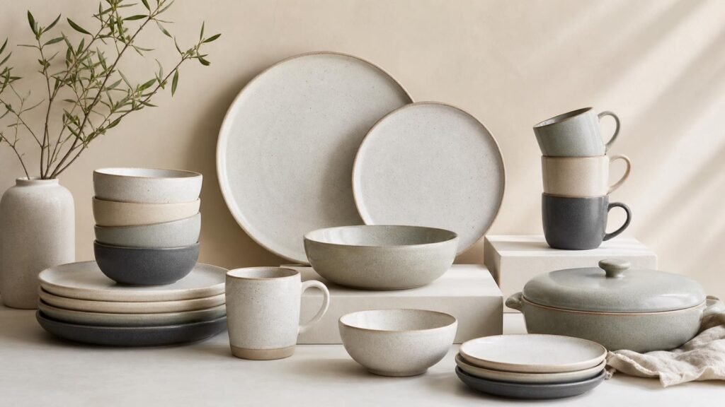 coordinated minimalist ceramic dinnerware range arranged for retail merchandising