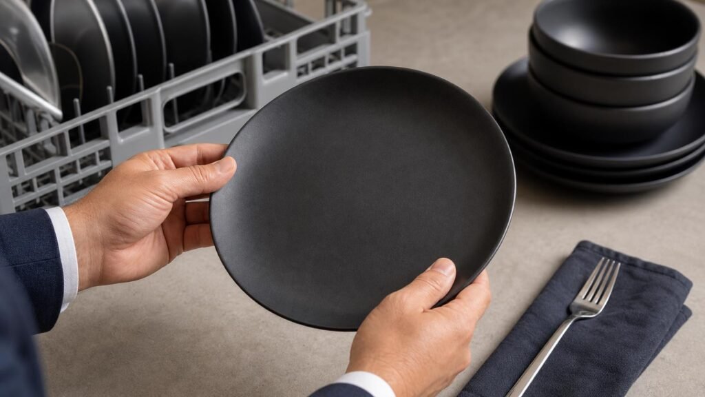 hospitality buyer checking a matte ceramic plate after utensil and wash testing