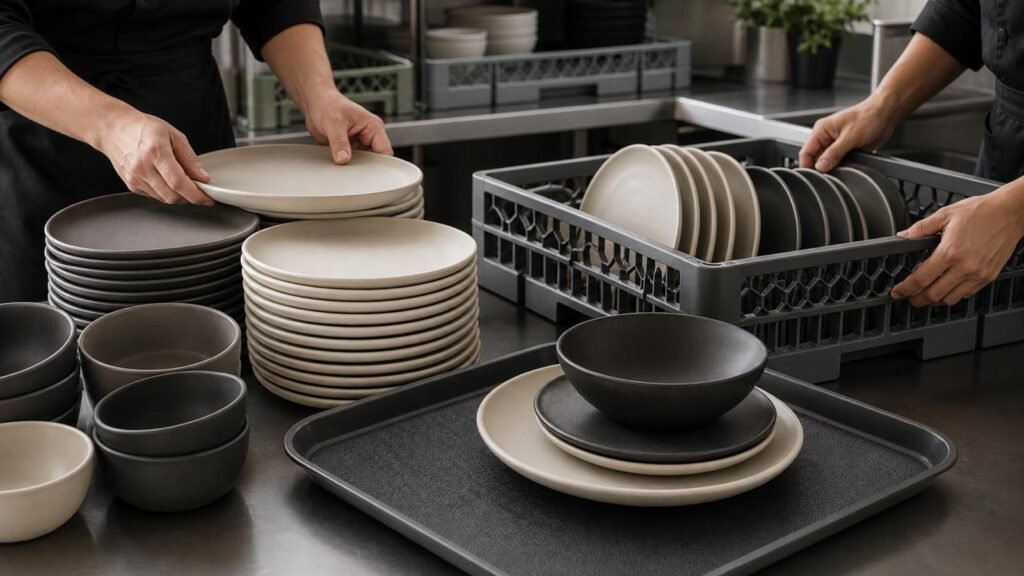 restaurant team testing matte ceramic dinnerware stacks trays and dish racks