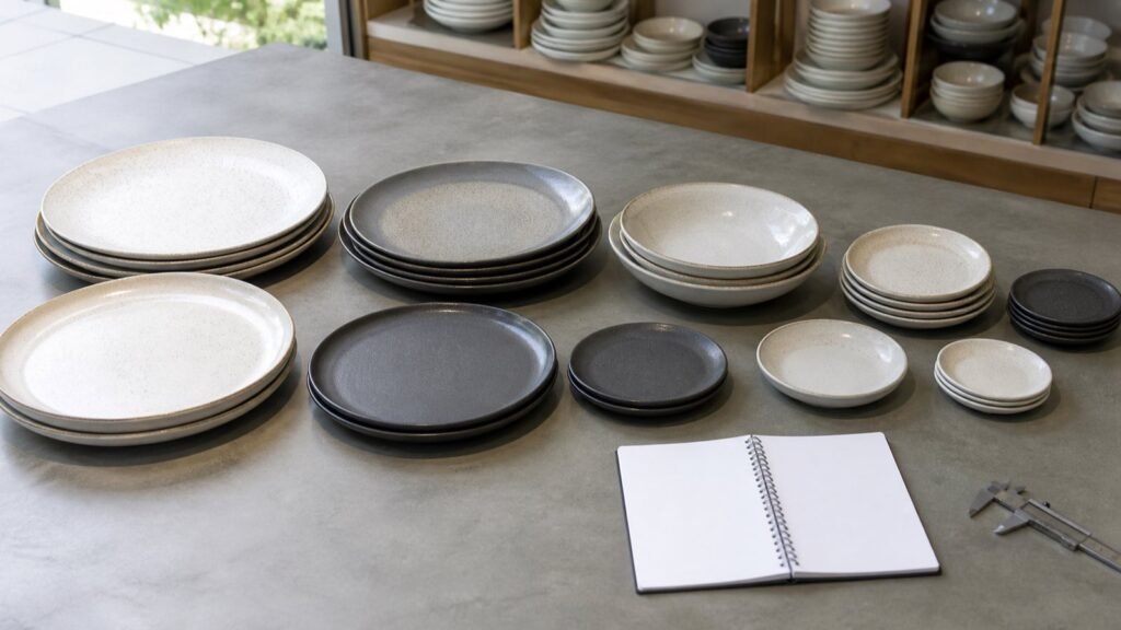 ready stock ceramic plates arranged by size for a wholesale assortment review