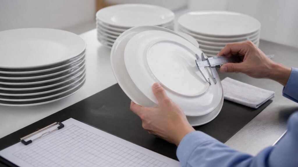 buyer measuring wholesale ceramic plates and recording quality criteria