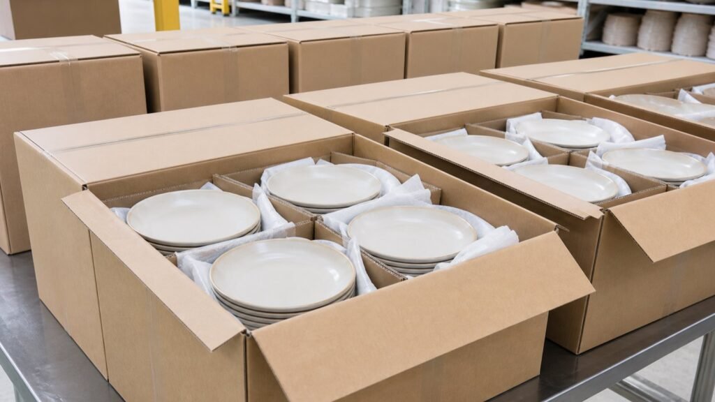packed ceramic plates prepared for organized wholesale shipment and receiving