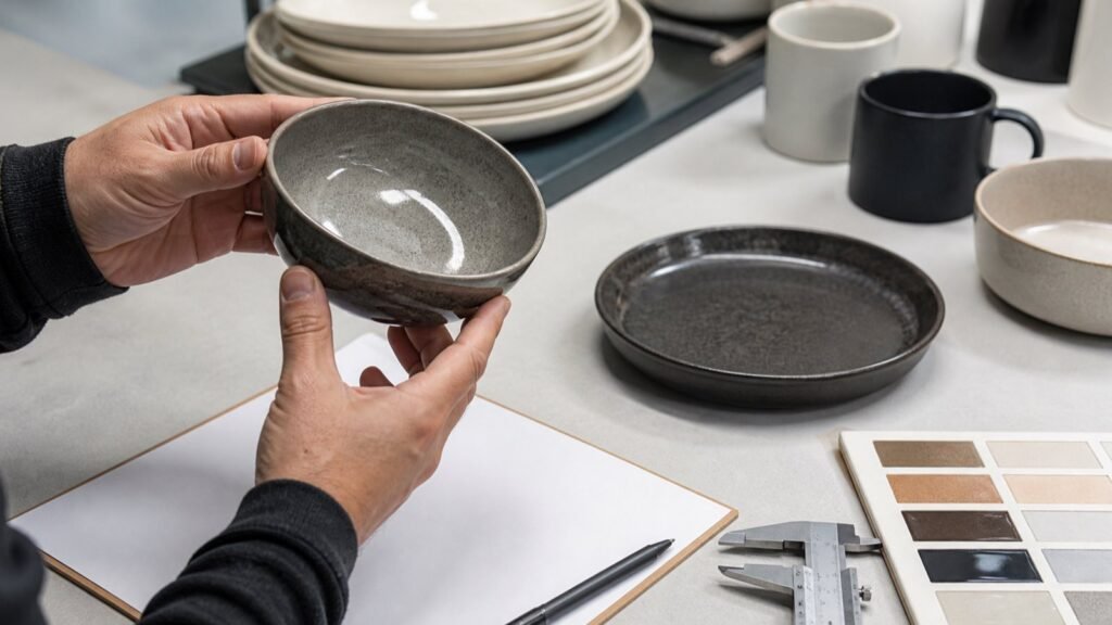 wholesale buyer inspecting ceramic tableware samples under controlled lighting