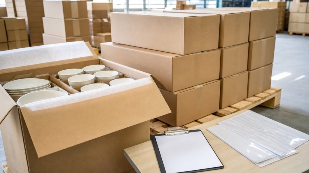 packed ceramic dinnerware cartons with organized freight documents for shipment
