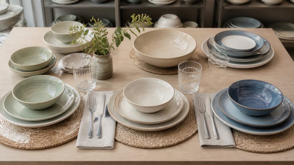 coordinated ceramic tableware mix and match display for a retail buyer