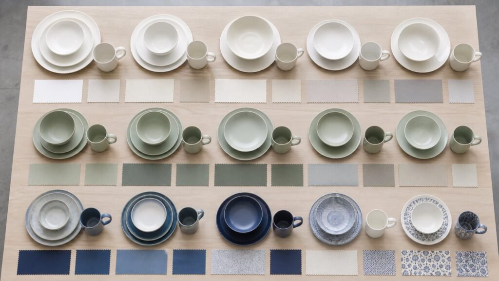 retail assortment board comparing ceramic plate bowl and mug combinations