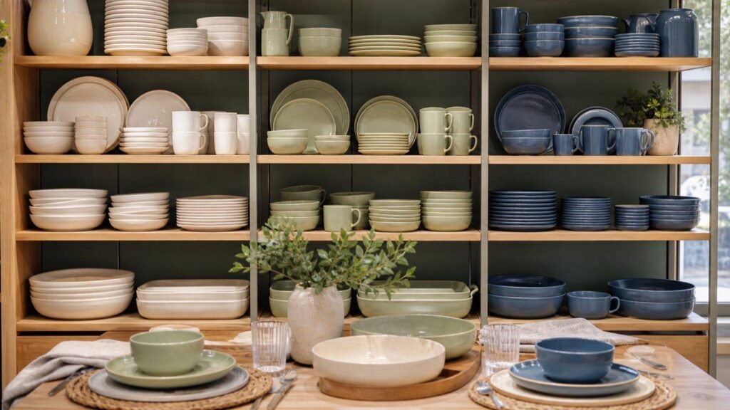 ceramic dinnerware retail shelf showing coordinated colors and clear SKU groups