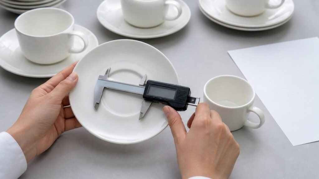 buyer measuring saucer well diameter and checking ceramic cup foot fit
